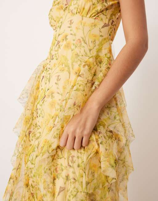 Lace & Beads - Vestito lungo giallo a fiori in tulle con scollo a V e volant, 3 di 4