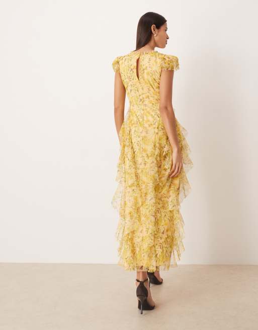 Lace & Beads - Vestito lungo giallo a fiori in tulle con scollo a V e volant, 4 di 4