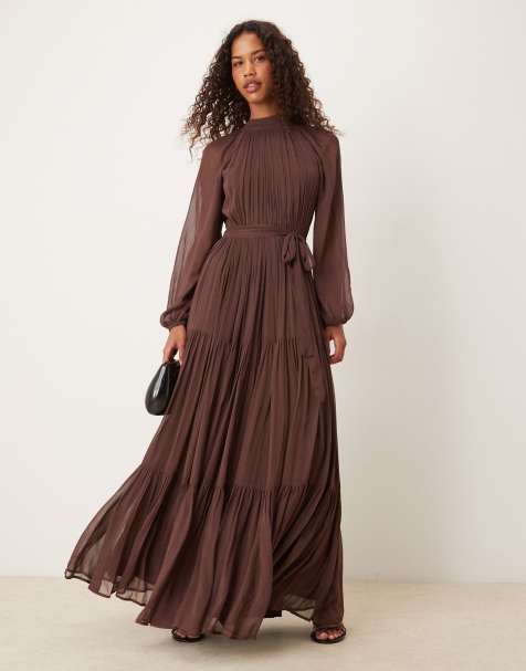 Lace & Beads - Vestito lungo in chiffon color cioccolato con maniche a palloncino - view 1