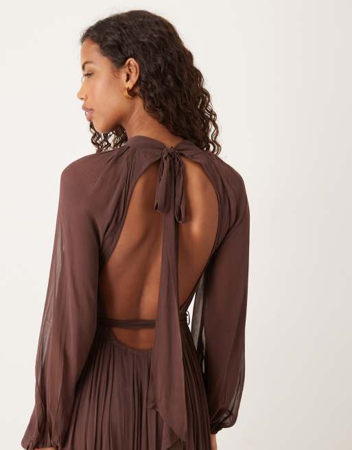 Lace & Beads - Vestito lungo in chiffon color cioccolato con maniche a palloncino, 2 di 4