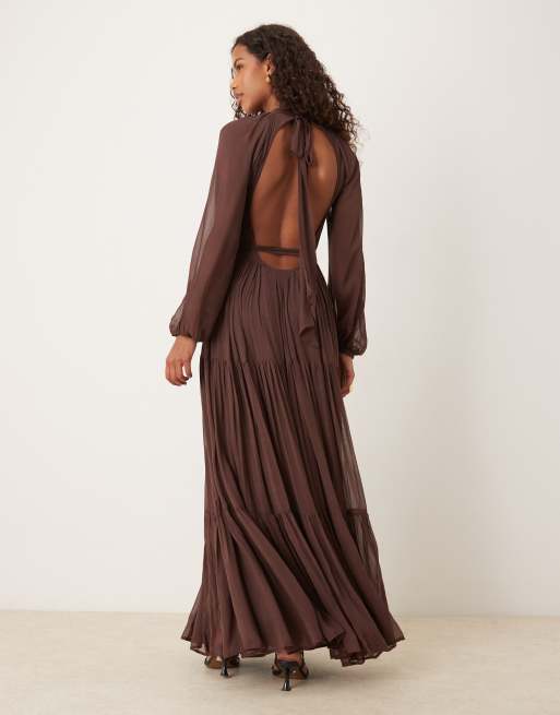 Lace & Beads - Vestito lungo in chiffon color cioccolato con maniche a palloncino, 3 di 4