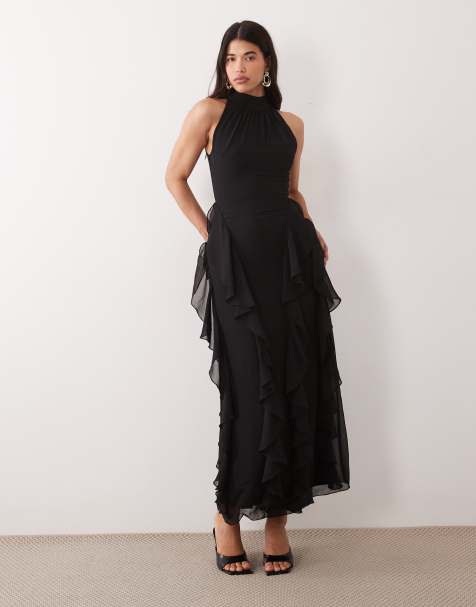 Lace & Beads vestito lungo in chiffon con collo alto, aperto dietro e volant, nero - view 1