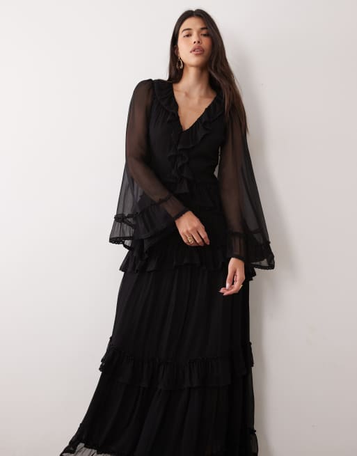 Lace & Beads vestito lungo in chiffon nero con scollo profondo, maniche svasate e profili a volant, 2 di 4