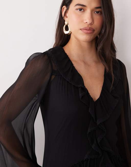Lace & Beads vestito lungo in chiffon nero con scollo profondo, maniche svasate e profili a volant, 3 di 4