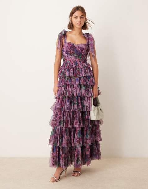 Lace & Beads - Vestito lungo in tulle a balze viola a fiori con fiocchi sulle spalle - view 1