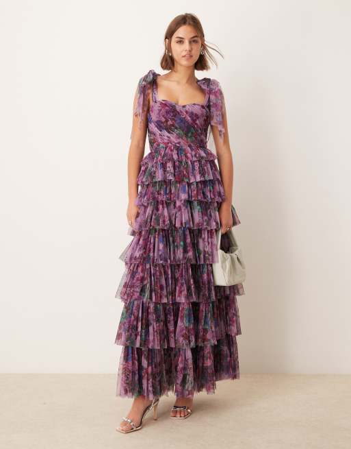 Lace & Beads - Vestito lungo in tulle a balze viola a fiori con fiocchi sulle spalle