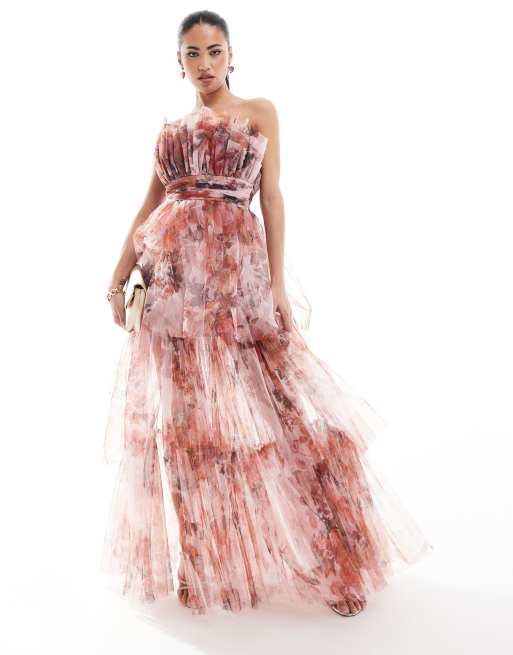 Lace & Beads - Vestito lungo in tulle a fascia con motivo a fiori rossi