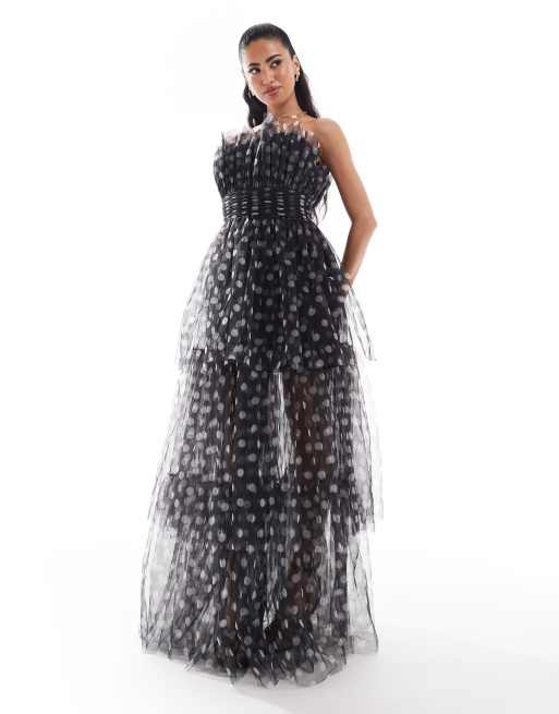 Lace & Beads - Vestito lungo in tulle asimmetrico nero a pois