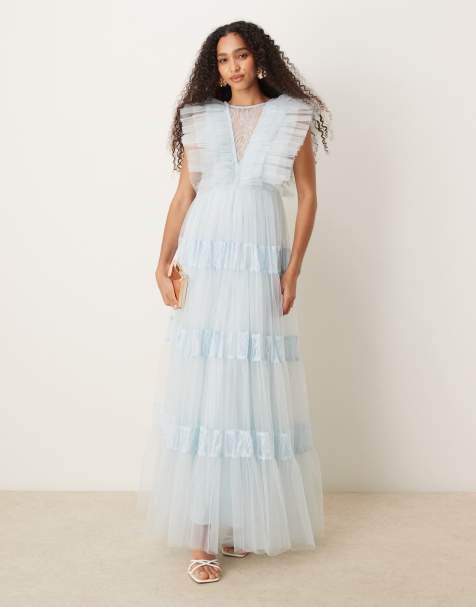 Lace & Beads - Vestito lungo in tulle azzurro con inserto in pizzo - view 1
