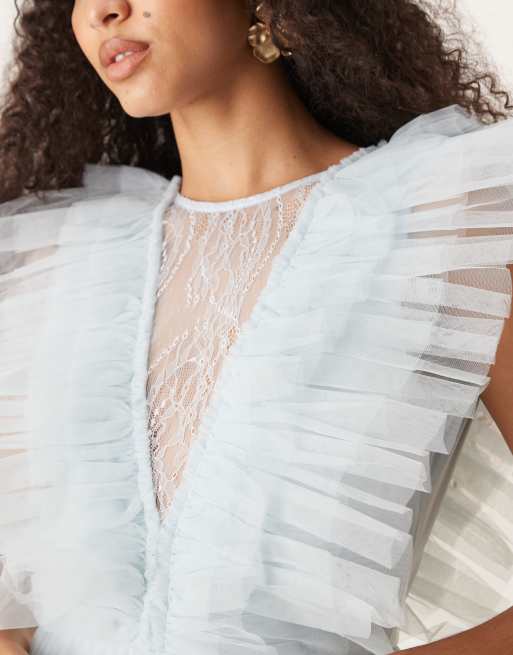 Lace & Beads - Vestito lungo in tulle azzurro con inserto in pizzo, 2 di 4