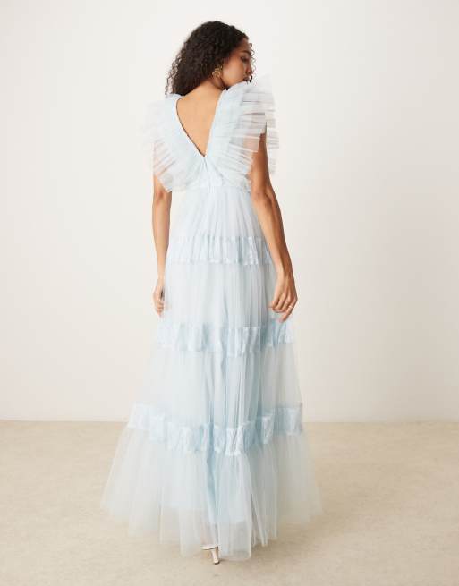 Lace & Beads - Vestito lungo in tulle azzurro con inserto in pizzo, 3 di 4