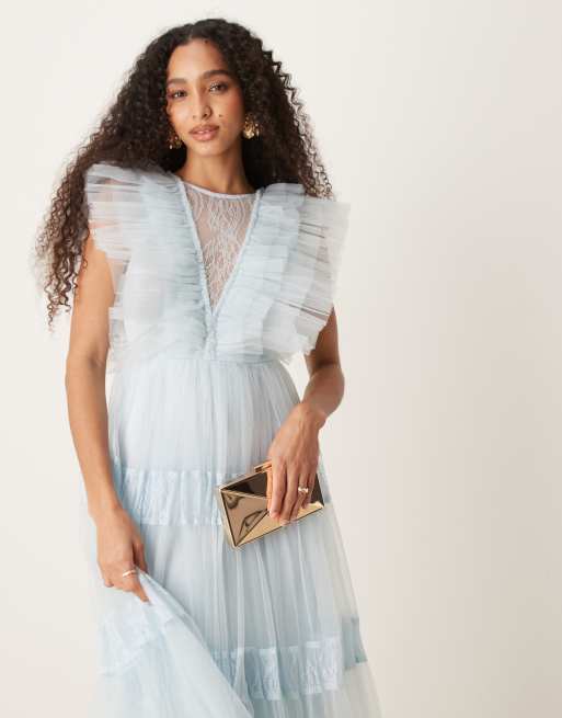 Lace & Beads - Vestito lungo in tulle azzurro con inserto in pizzo, 4 di 4