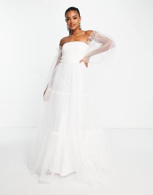 Lace & Beads - Vestito lungo in tulle bianco con spalle scoperte