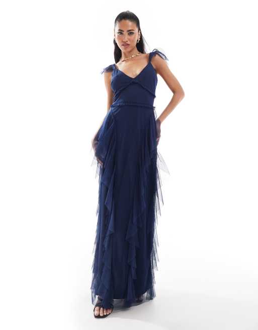 Lace & Beads - Vestito lungo in tulle blu navy con volant