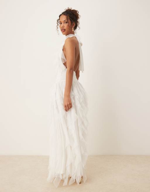 Lace & Beads - Vestito lungo in tulle color avorio con volant e schiena scoperta, 3 di 4