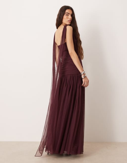 Lace & Beads - Vestito lungo in tulle color prugna con cut-out e doppio fiocco, 3 di 4
