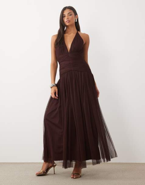 Lace & Beads vestito lungo in tulle con scollo all'americana, vita scesa e schiena aperta color cioccolato - view 1