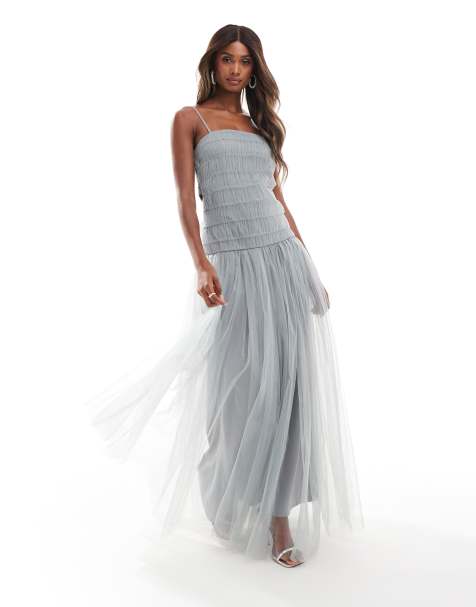 Lace & Beads - Vestito lungo in tulle grigio con vita scesa - view 1