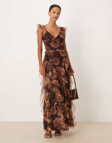 Lace & Beads - Vestito lungo in tulle marrone con stampa e volant - view 1