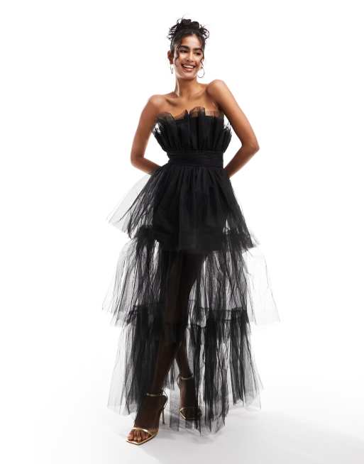 Lace & Beads - Vestito lungo in tulle nero a fascia