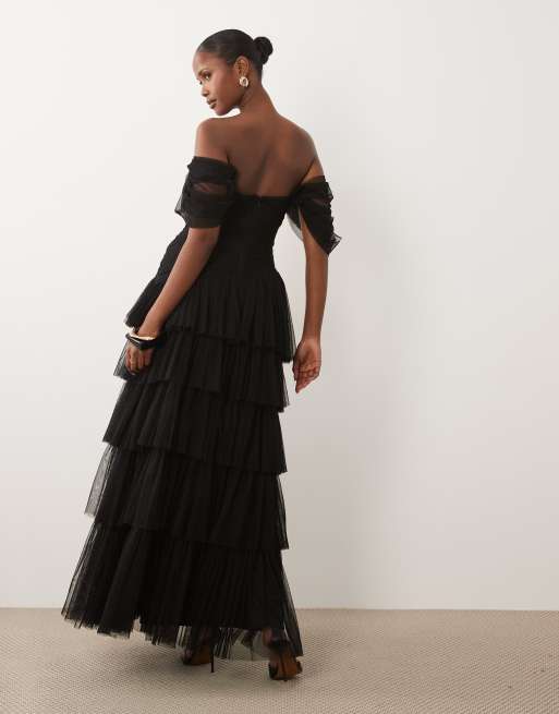 Lace & Beads - Vestito lungo in tulle nero con spalle scivolate e volant asimmetrico, 3 di 4