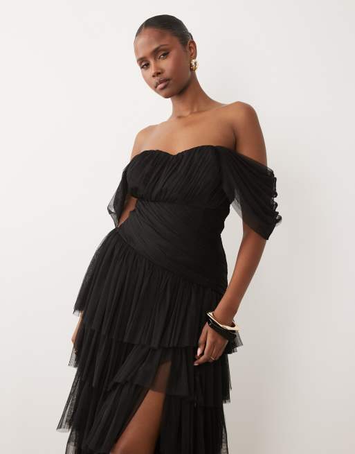 Lace & Beads - Vestito lungo in tulle nero con spalle scivolate e volant asimmetrico, 4 di 4