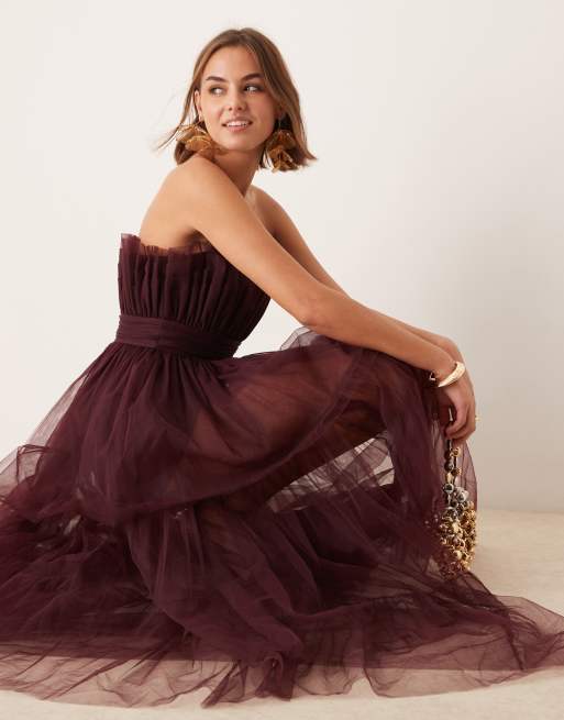 Lace & Beads - Vestito lungo in tulle prugna a fascia, 2 di 4