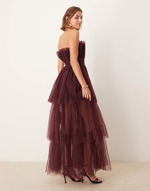 Lace & Beads - Vestito lungo in tulle prugna a fascia, 3 di 4
