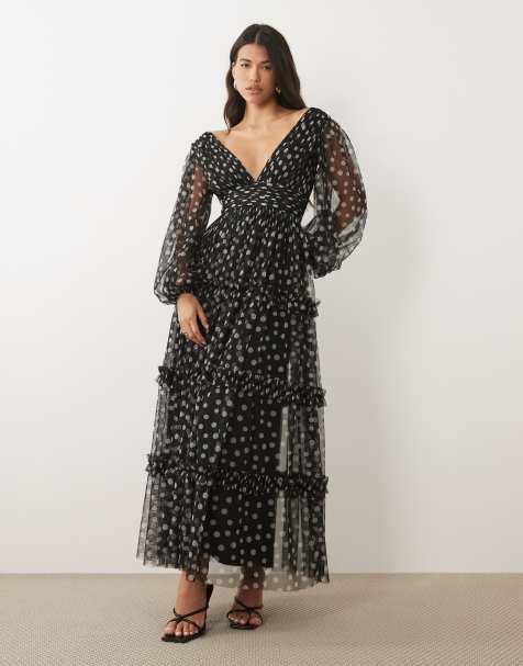 Lace & Beads vestito lungo maxi a strati in tulle trasparente con maniche a palloncino e scollo profondo a pois neri - view 1