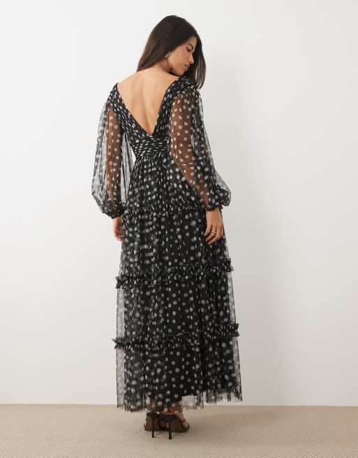 Lace & Beads vestito lungo maxi a strati in tulle trasparente con maniche a palloncino e scollo profondo a pois neri, 3 di 4