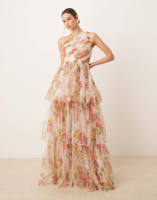 Lace & Beads - Vestito lungo monospalla a balze in tulle a fiori vivaci, 3 di 4