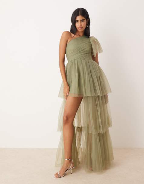 Lace & Beads - Vestito lungo monospalla a balze in tulle color oliva tenue - view 1
