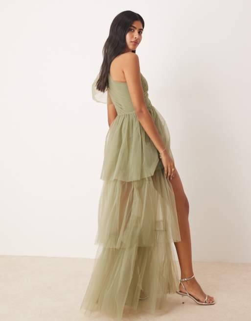 Lace & Beads - Vestito lungo monospalla a balze in tulle color oliva tenue, 2 di 4
