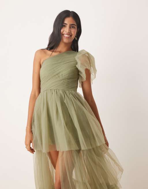 Lace & Beads - Vestito lungo monospalla a balze in tulle color oliva tenue, 4 di 4