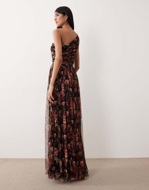 Lace & Beads - Vestito lungo monospalla da damigella in tulle a fiori nero, 2 di 4