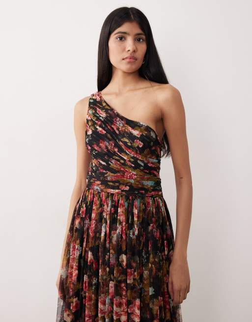 Lace & Beads - Vestito lungo monospalla da damigella in tulle a fiori nero, 3 di 4