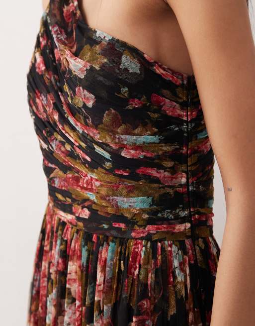 Lace & Beads - Vestito lungo monospalla da damigella in tulle a fiori nero, 4 di 4