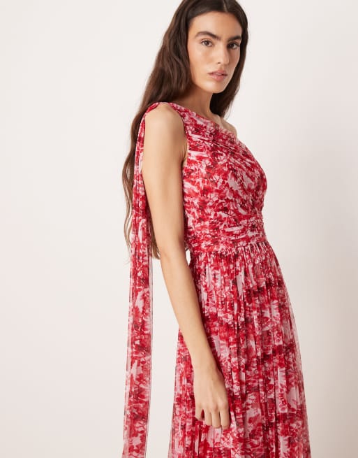 Lace & Beads - Vestito lungo monospalla rosso a fiori con foulard, 2 di 4