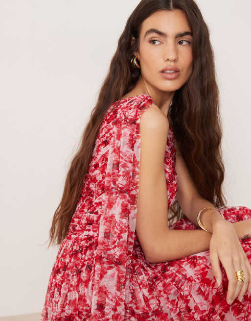 Lace & Beads - Vestito lungo monospalla rosso a fiori con foulard, 3 di 4