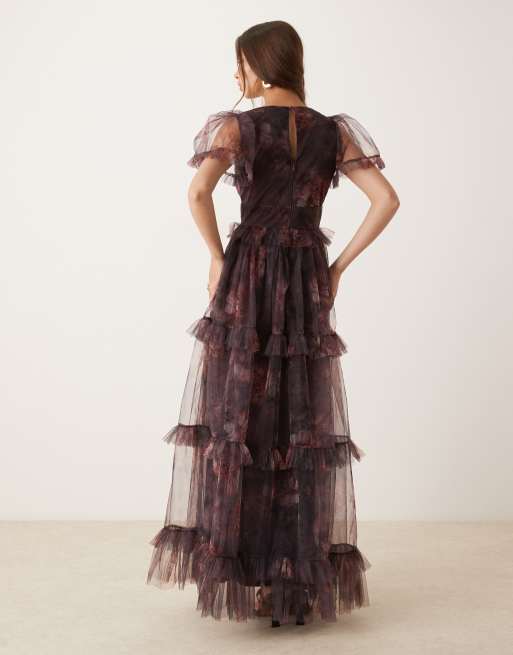 Lace & Beads - Vestito lungo prugna a fiori con gonna e maniche trasparenti con volant, 3 di 4