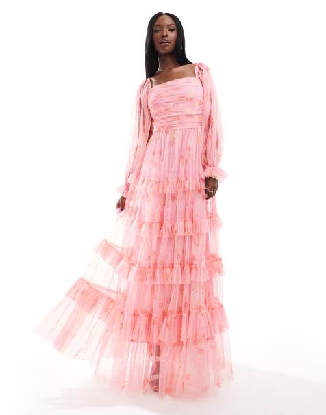 Lace & Beads - Vestito lungo rosa a fiori con volant e maniche a palloncino - view 1