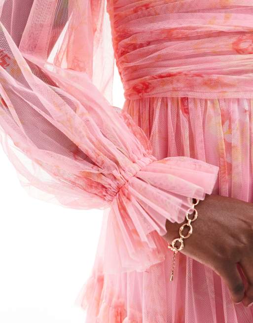Lace & Beads - Vestito lungo rosa a fiori con volant e maniche a palloncino, 3 di 4