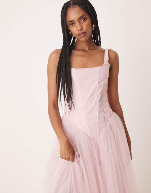 Lace & Beads - Vestito lungo rosa cipria con vita scesa e dettaglio stile corsetto, 2 di 4