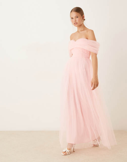 Lace & Beads - Vestito lungo rosa confetto con fiocco e spalle scoperte in tulle - view 1