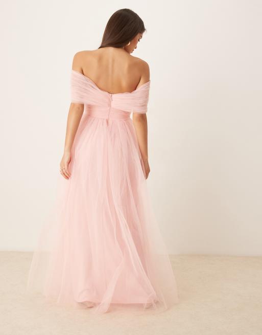 Lace & Beads - Vestito lungo rosa tenue con fiocco e spalle scoperte in tulle, 3 di 4