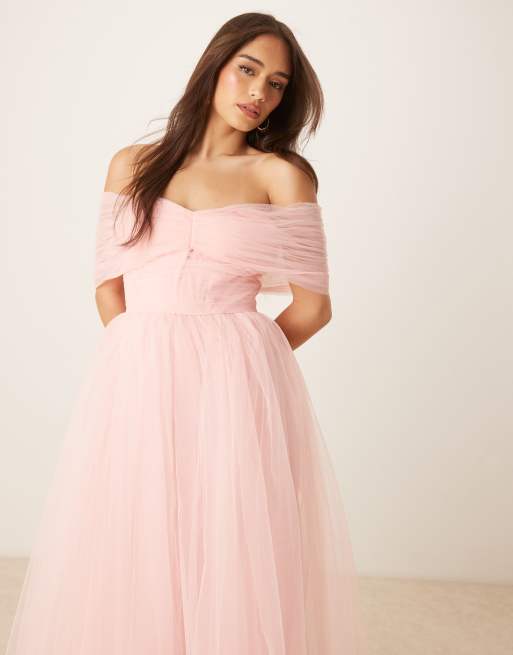 Lace & Beads - Vestito lungo rosa tenue con fiocco e spalle scoperte in tulle, 4 di 4