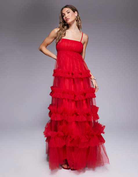 Lace & Beads - Vestito lungo stile impero rosso con volant - view 1