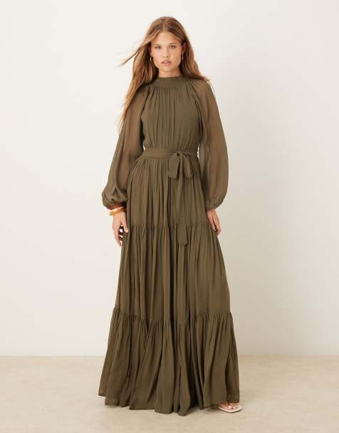 Lace & Beads - Vestito lungo verde oliva scuro a balze con maniche a palloncino - view 1