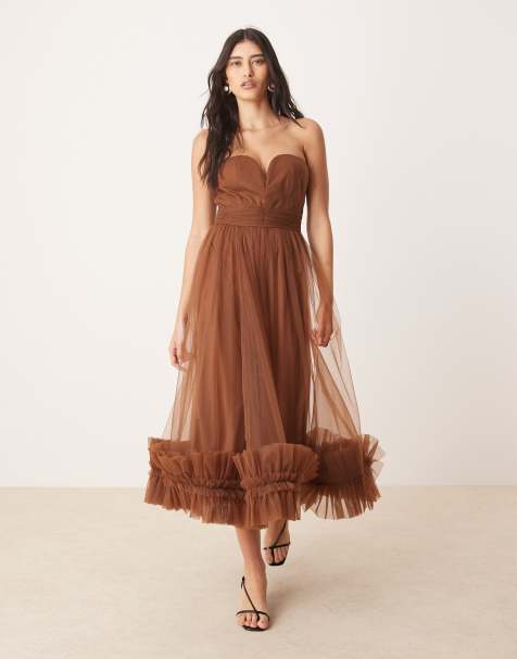 Lace & Beads - Vestito marrone con corsetto e gonna al polpaccio in tulle con volant sull'orlo - view 1