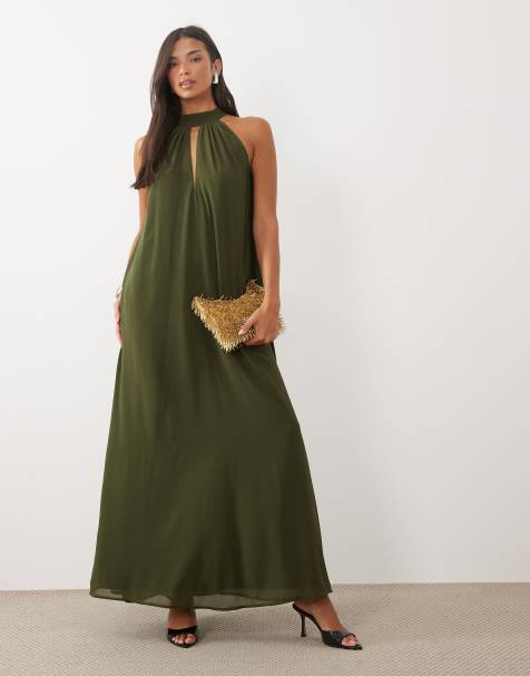 Lace & Beads vestito maxi trapezio senza maniche con dettaglio collarino color oliva - view 1